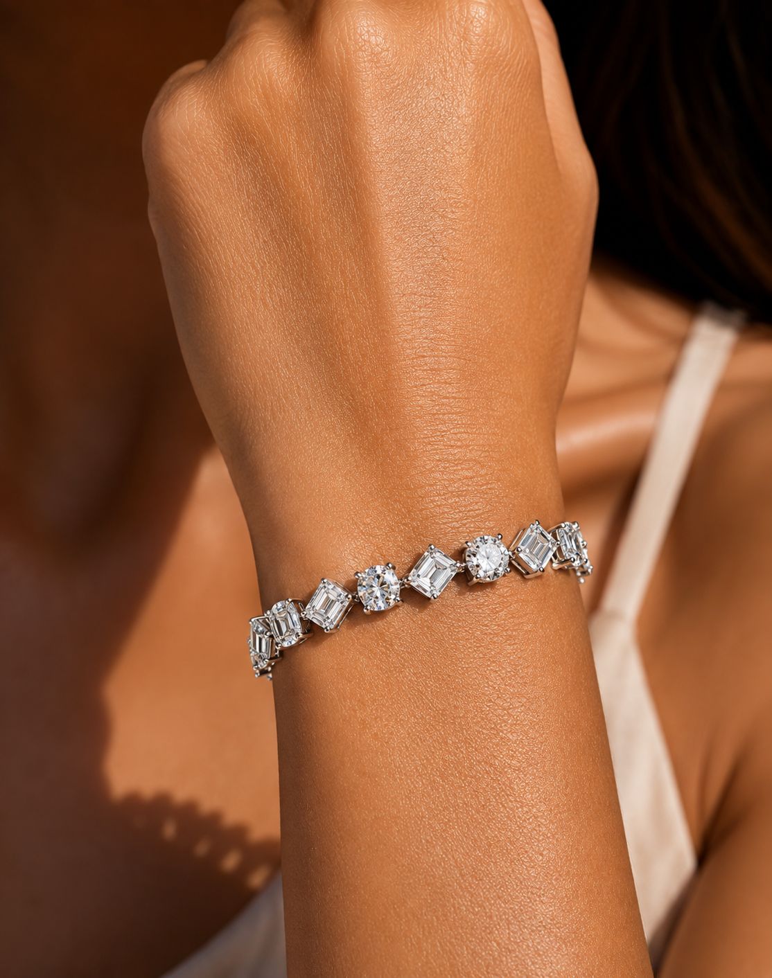 Round Cut and Emerald Cut Solitaire Diamond Anti Tarnish Tennis Bracelet for Women
