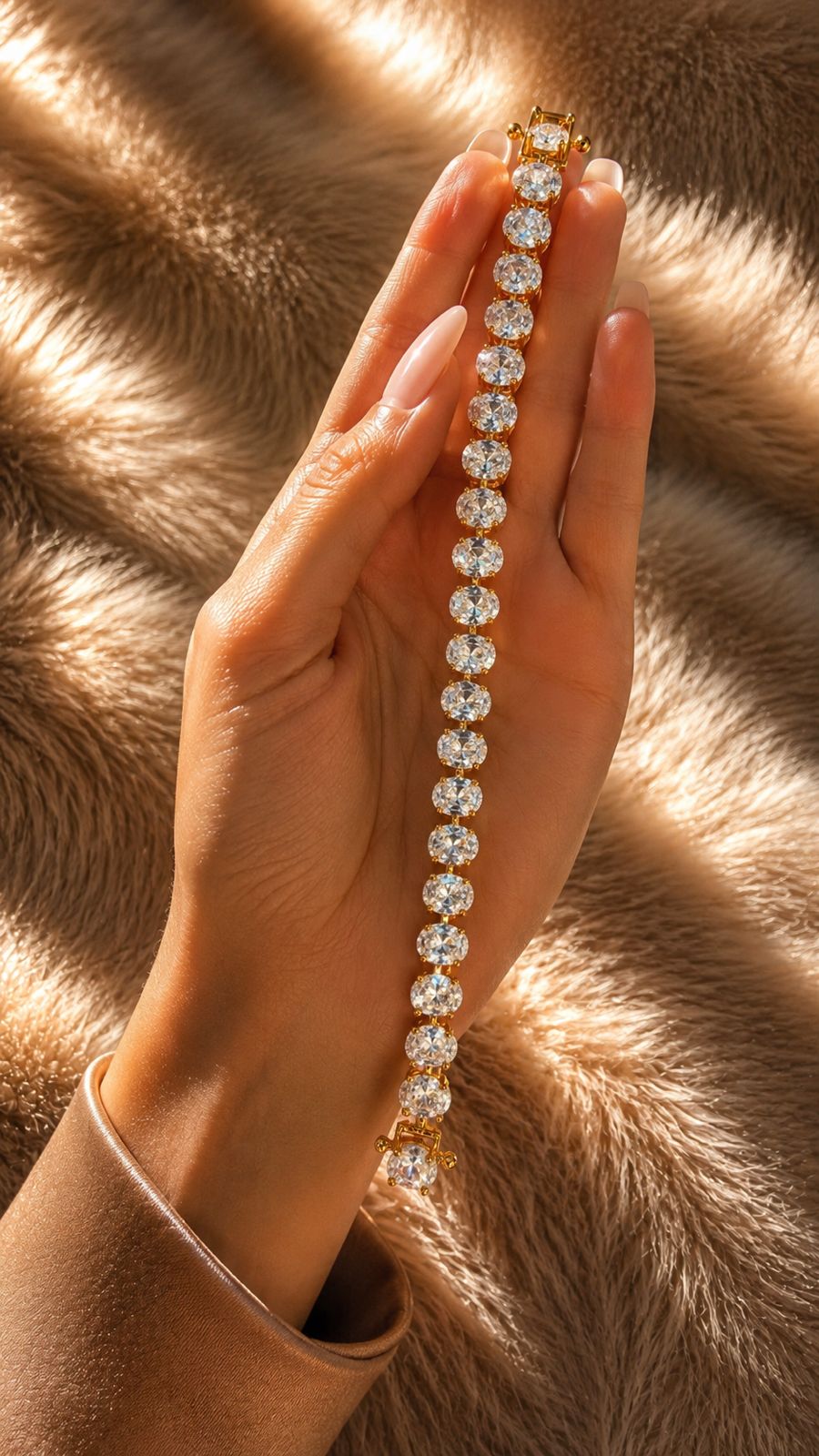 Gold Finish Oval Solitaire Diamond Anti Tarnish Tennis Bracelet for Women