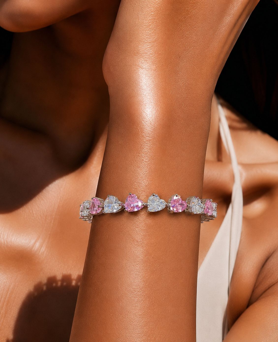 Pink and White Heart Solitaire Diamond Anti Tarnish Tennis Bracelet for Women
