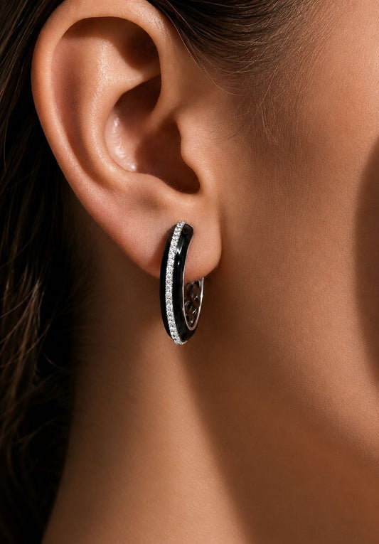 Premium Diamond Studded Black Enamel Women’s Hoop Earrings