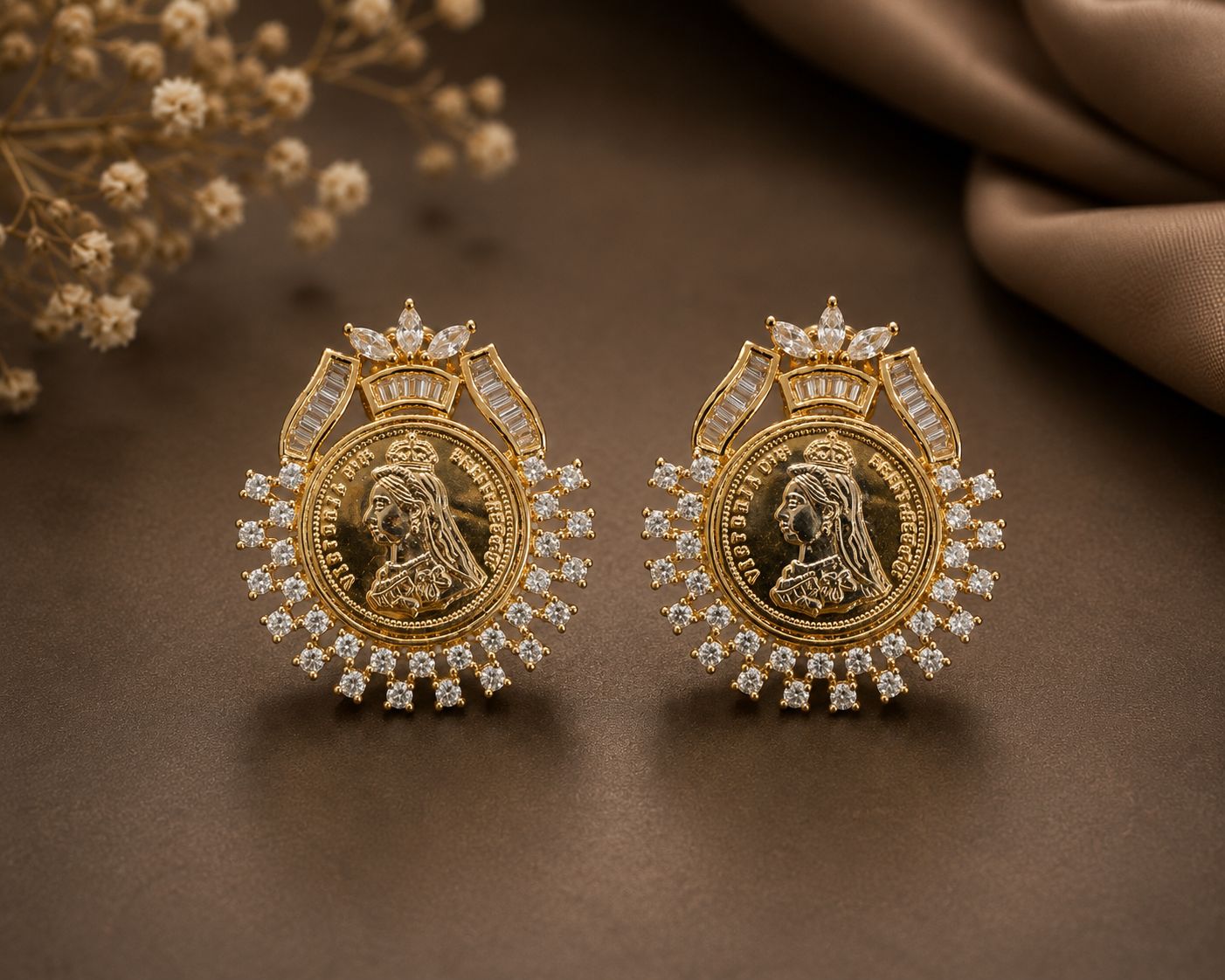 Gold Finish Ginni Gold Coin Earrings with CZ Diamonds