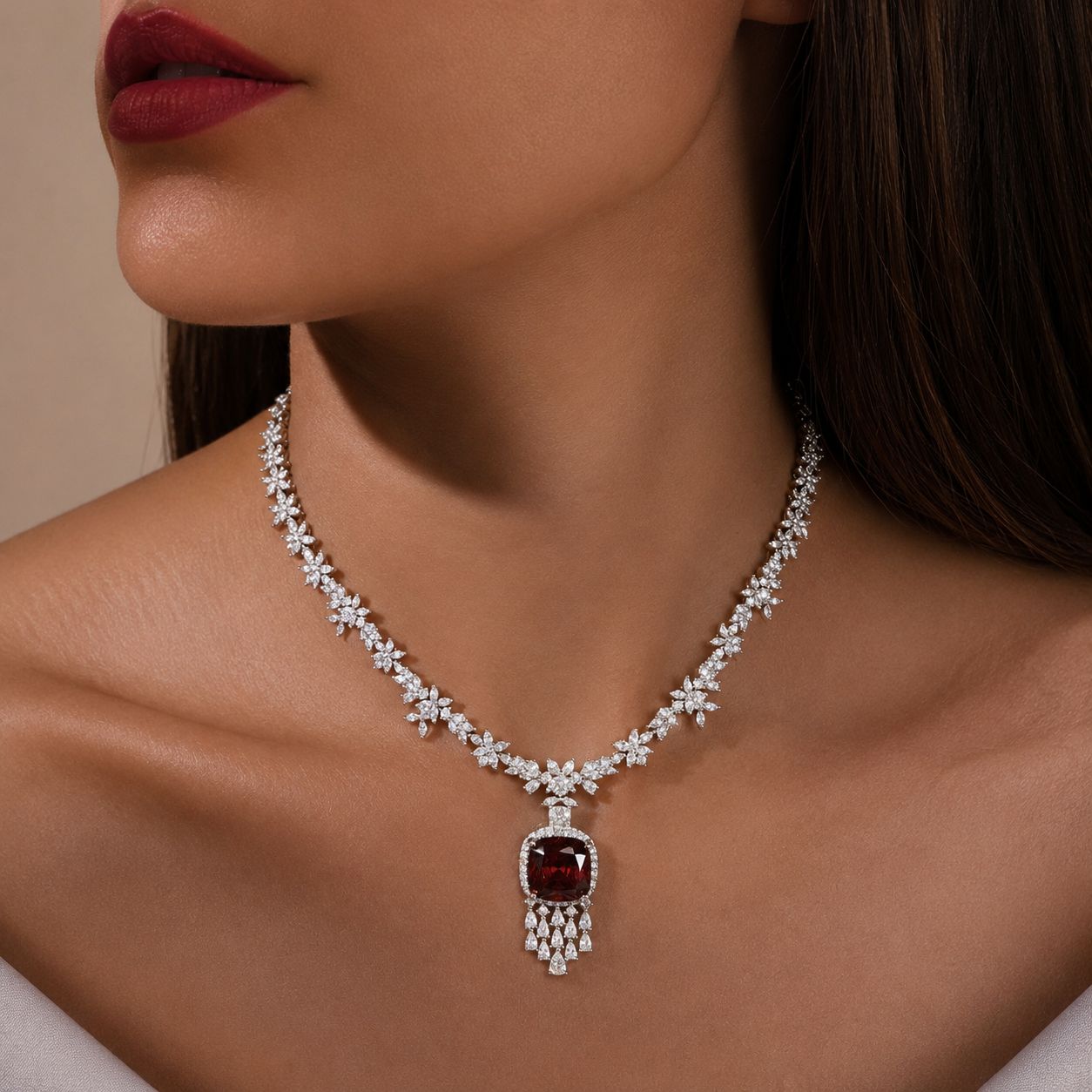 Red Ruby Cushion and Fancy Diamond Bridal Wedding Necklace Set with Earrings