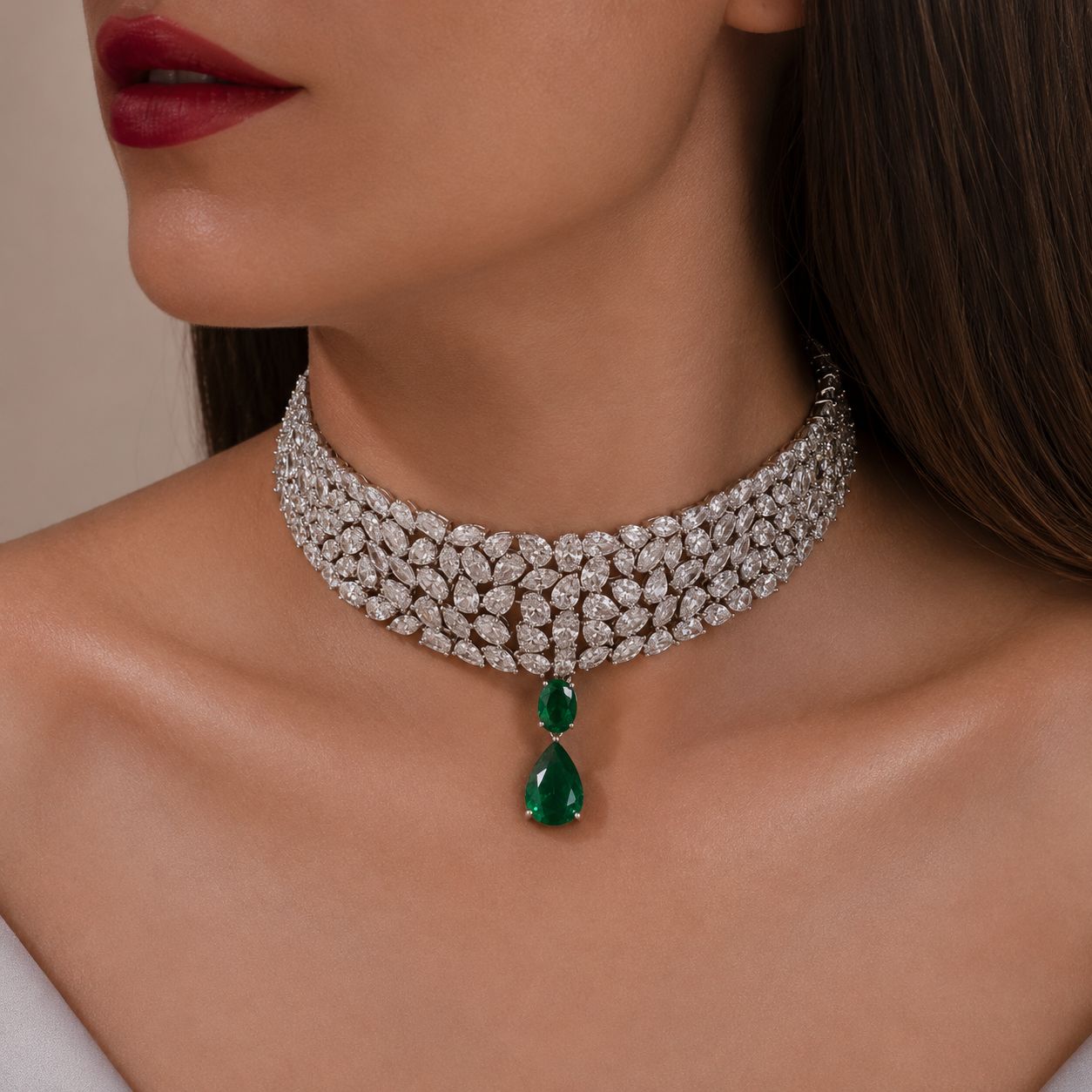 5 Line Multi Solitaire Premium Green Emerald Drop Choker Necklace Set