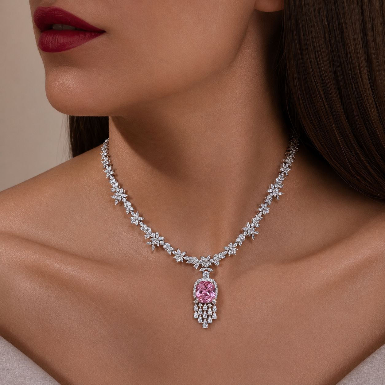 Crystal Pink Cushion and Fancy Diamond Bridal Wedding Necklace Set with Earrings