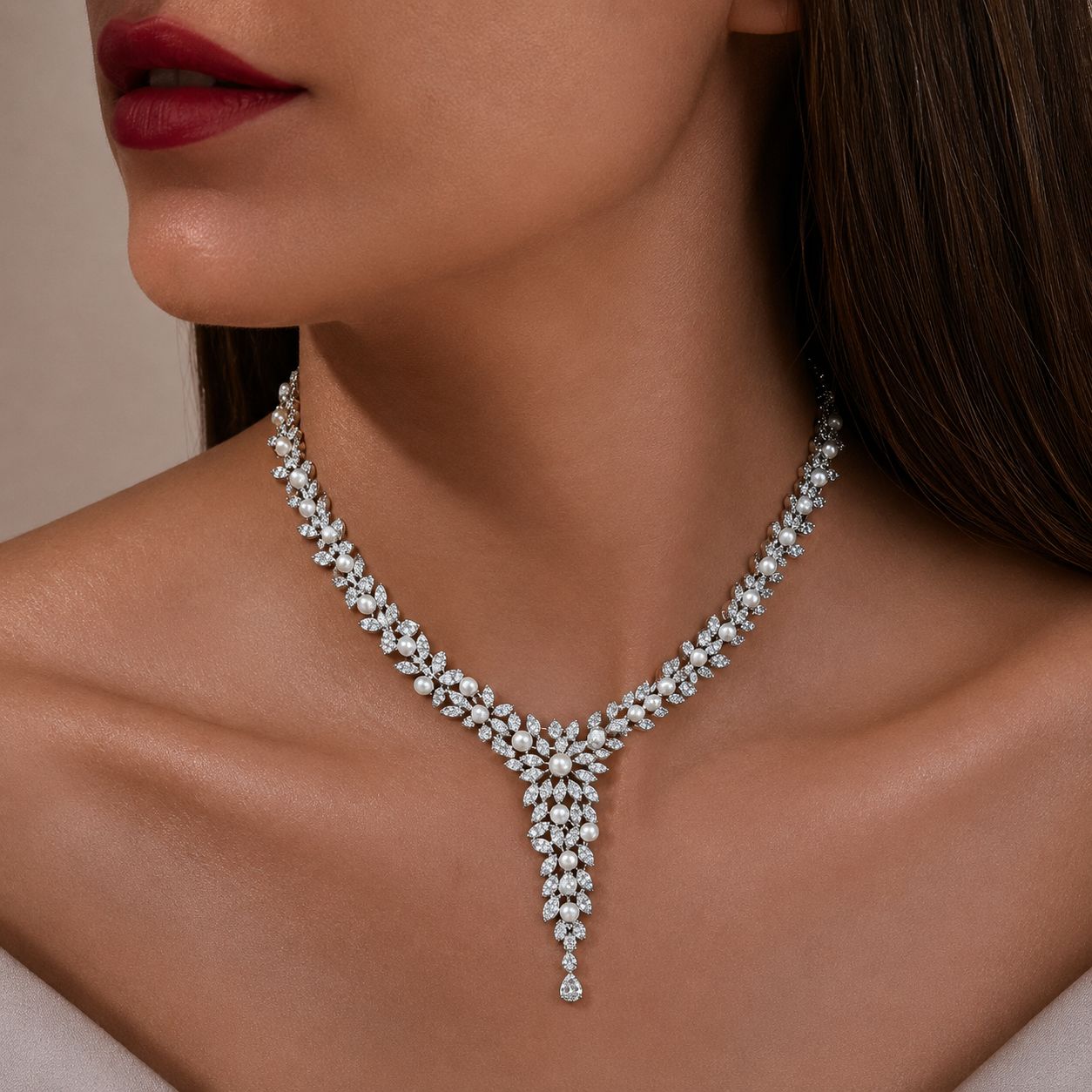 Classic White Pearl and Diamond Cocktail Necklace Set with Earrings