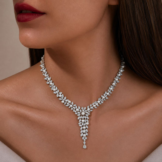 Classic White Pearl and Diamond Cocktail Necklace Set with Earrings