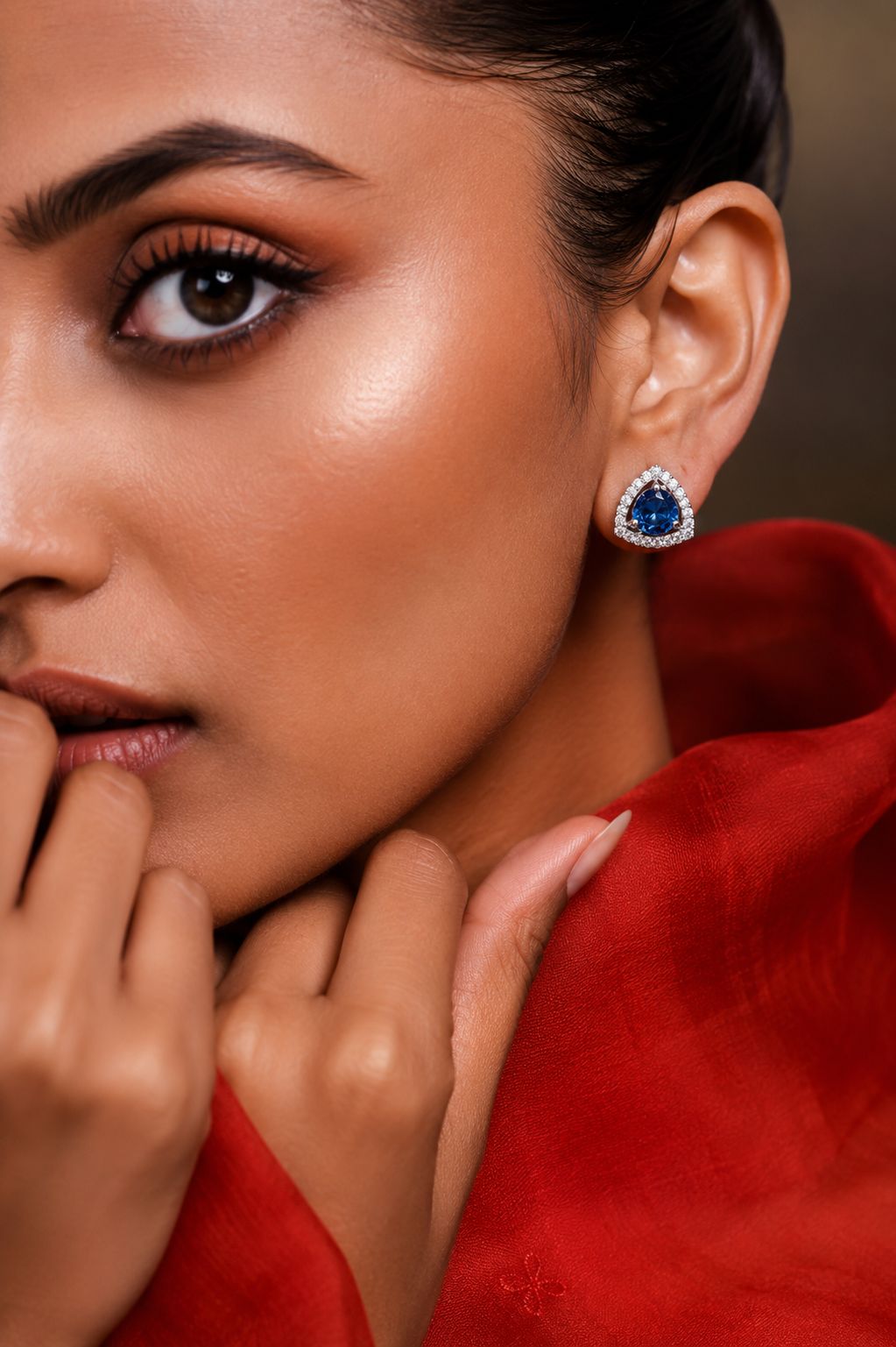 Trillion Cut American Diamond Blue Sapphire Solitaire Stud Earrings for Women | Anti Tarnish Halo CZ Stud Earrings