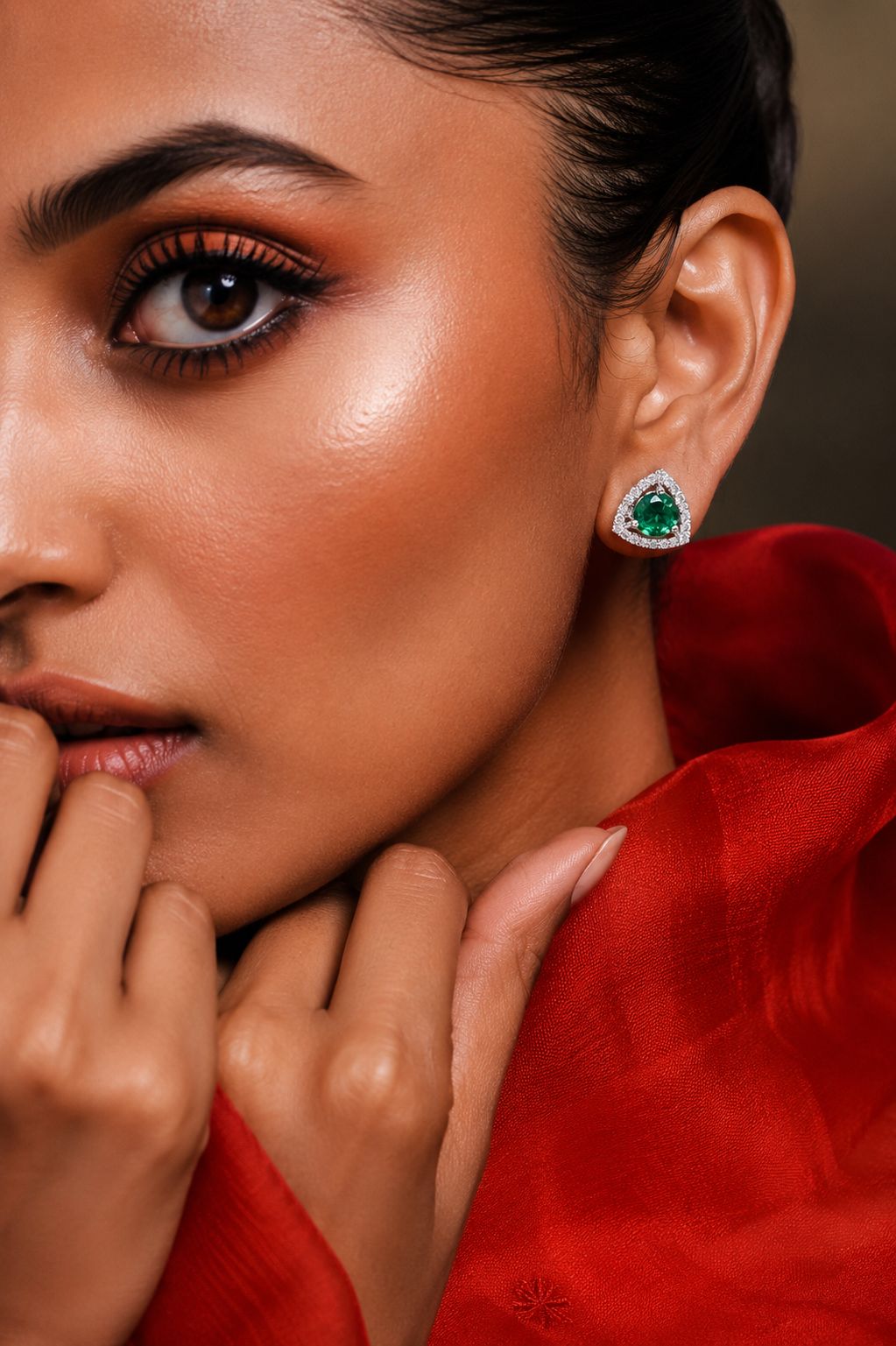 Trillion Cut American Diamond Emerald Green Solitaire Stud Earrings for Women | Anti Tarnish Halo CZ Stud Earrings