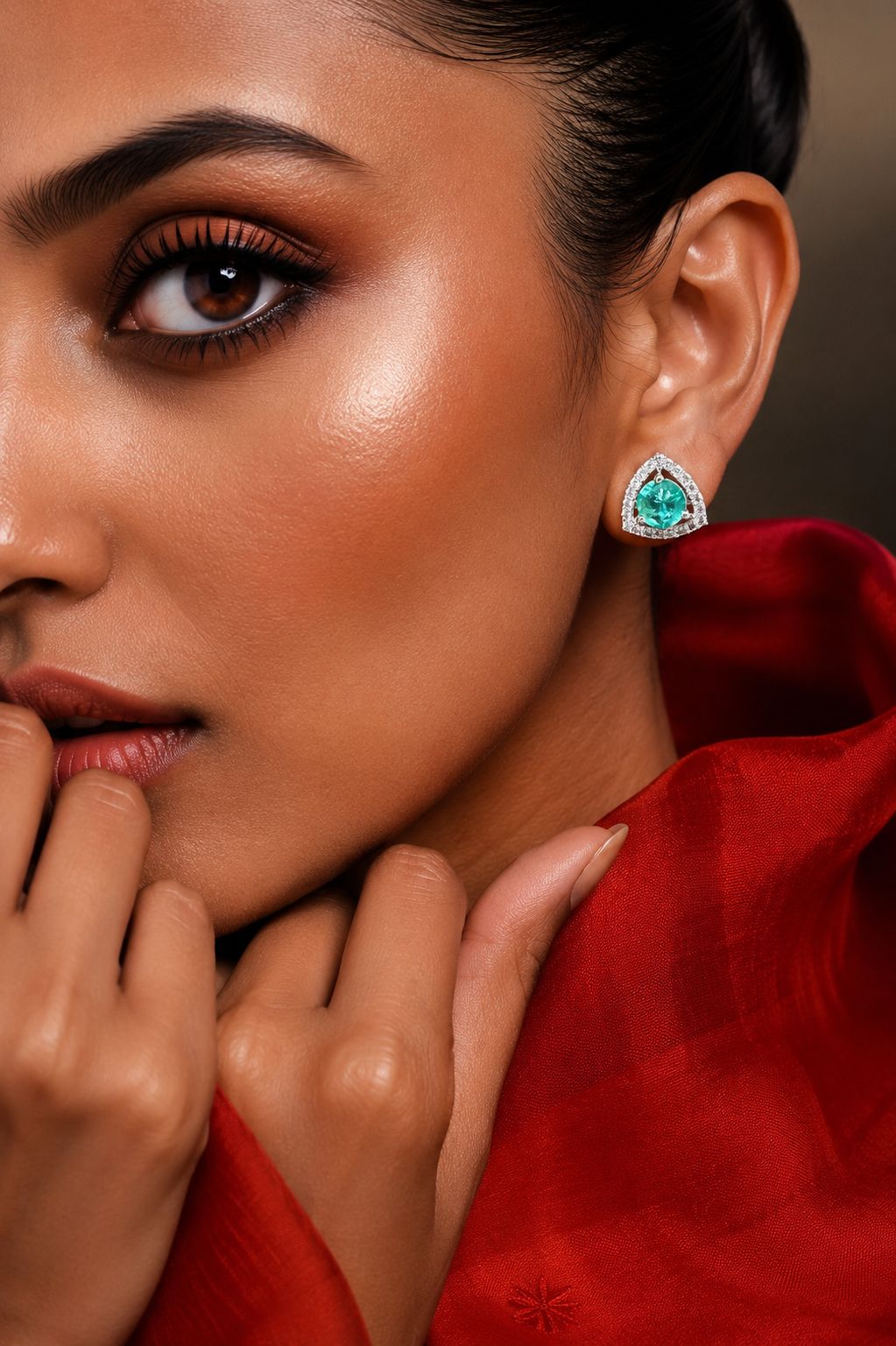 Trillion Cut American Diamond Aqua Green Solitaire Stud Earrings for Women | Anti Tarnish Halo CZ Stud Earrings