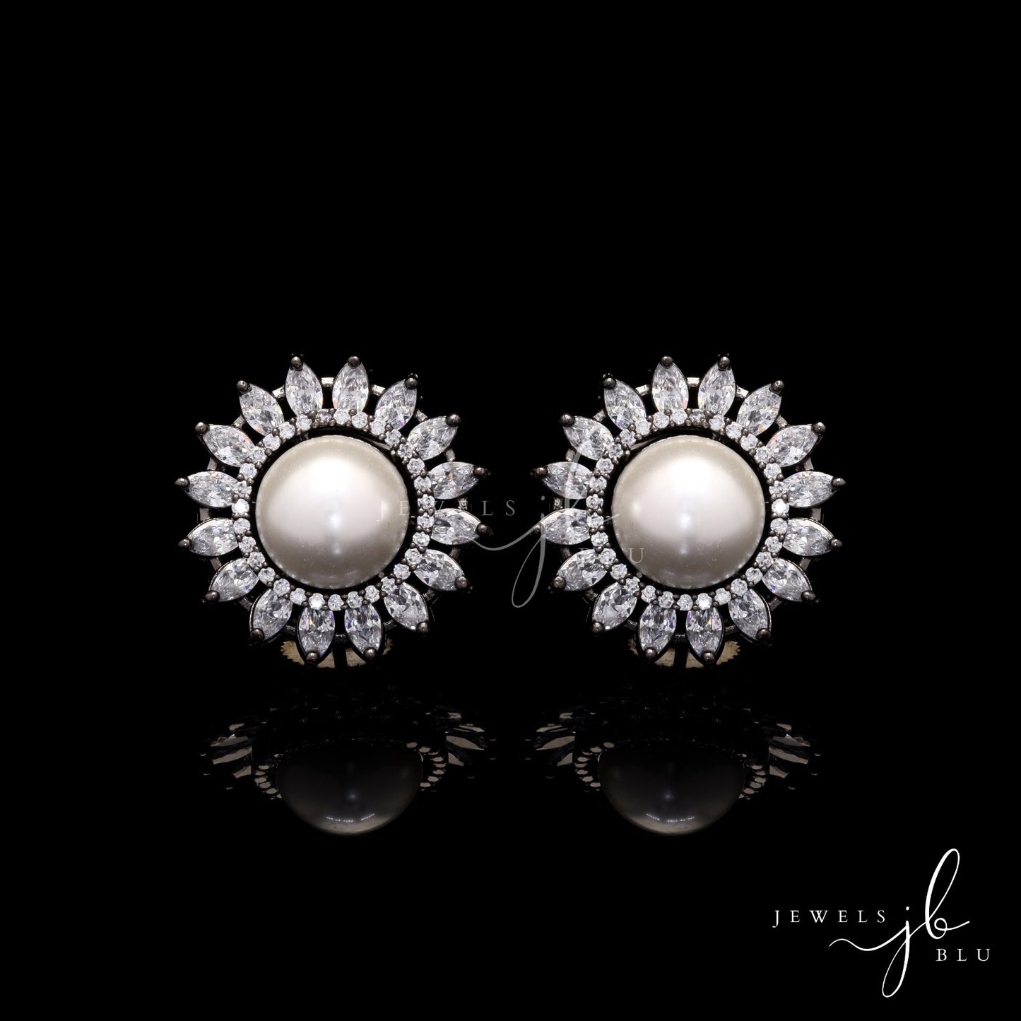 Antique Finish Pearl and American Diamond Marquise Siya Studs