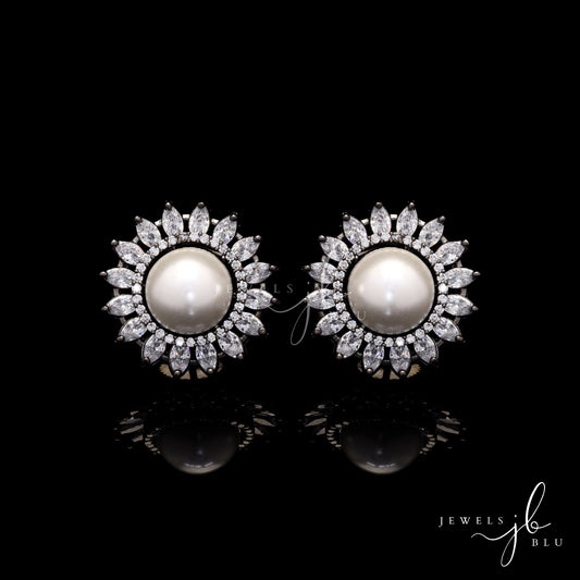 Antique Finish Pearl and American Diamond Marquise Siya Studs