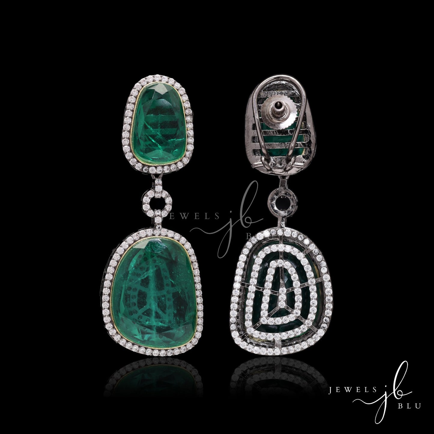 Hydro Emerald Natural Cut Girija Party Earrings with Back Diamond Handwork