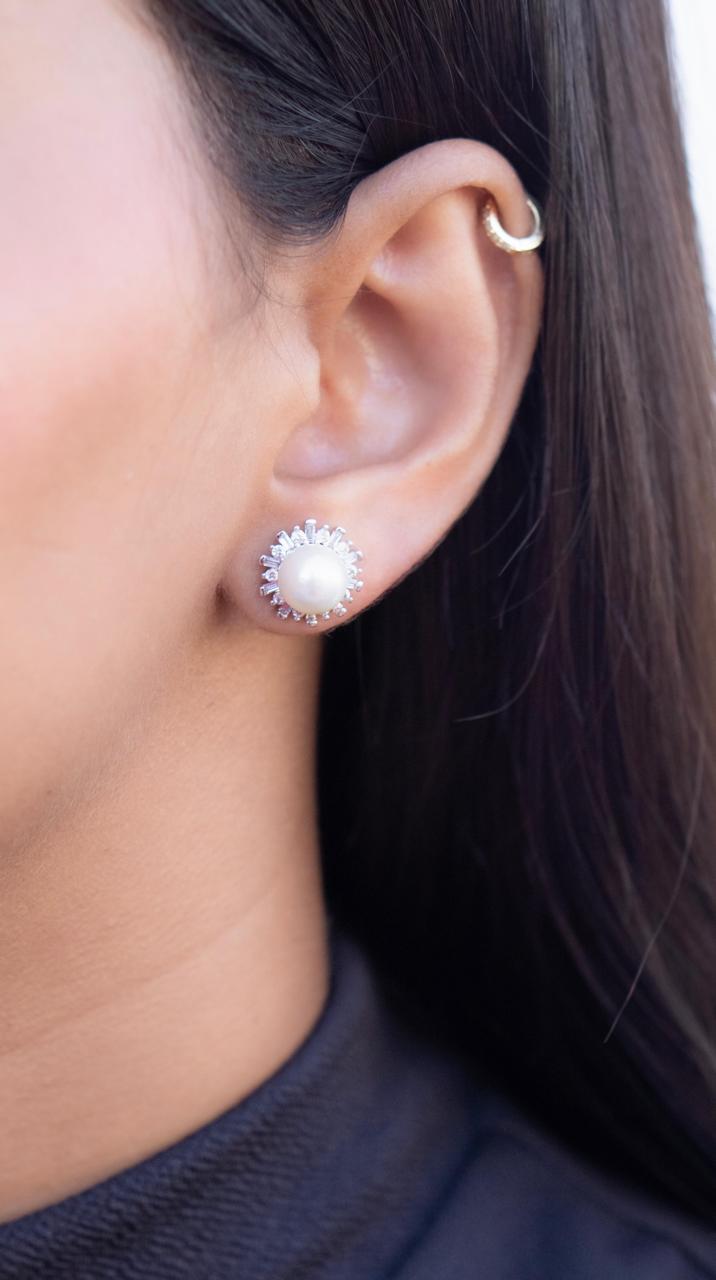 Starry Lisa Fresh Water Pearl Studs with American Diamonds