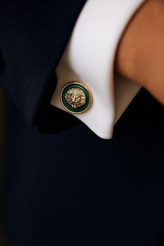 Green Enamel Lion Face Gold Finish Mens Cuff Link Pair