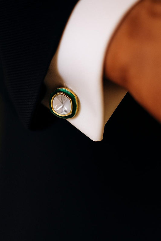 Emerald Green Enamel Gold Finish Polki Mens Cuff Links