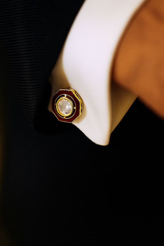 Red Enamel Bezel Setting Polki Diamond Mens Cuff Link Pair