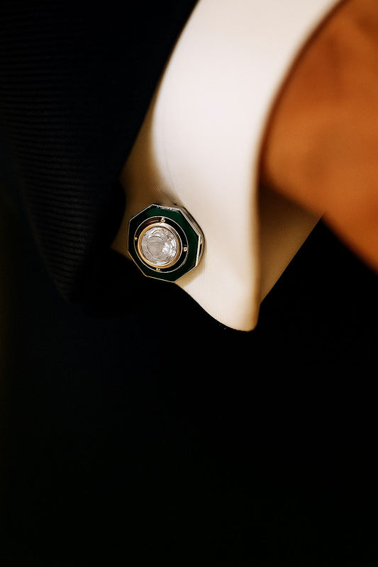 Green Enamel Bezel Setting Diamond White Gold Finish Mens Cuff Links