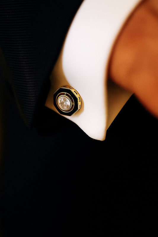 Black Enamel Gold Finish Mens Polki Cuff Link Pair