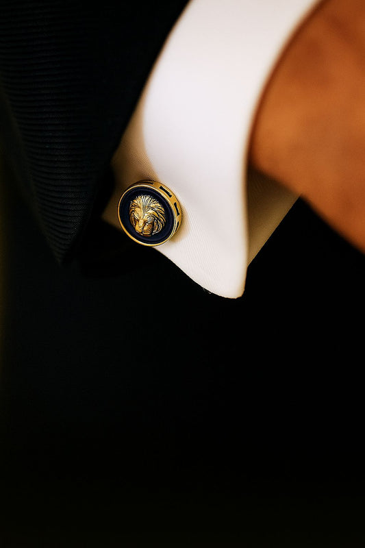 Navy Blue Enamel Gold Finish Lion Face Cuff Link Pair