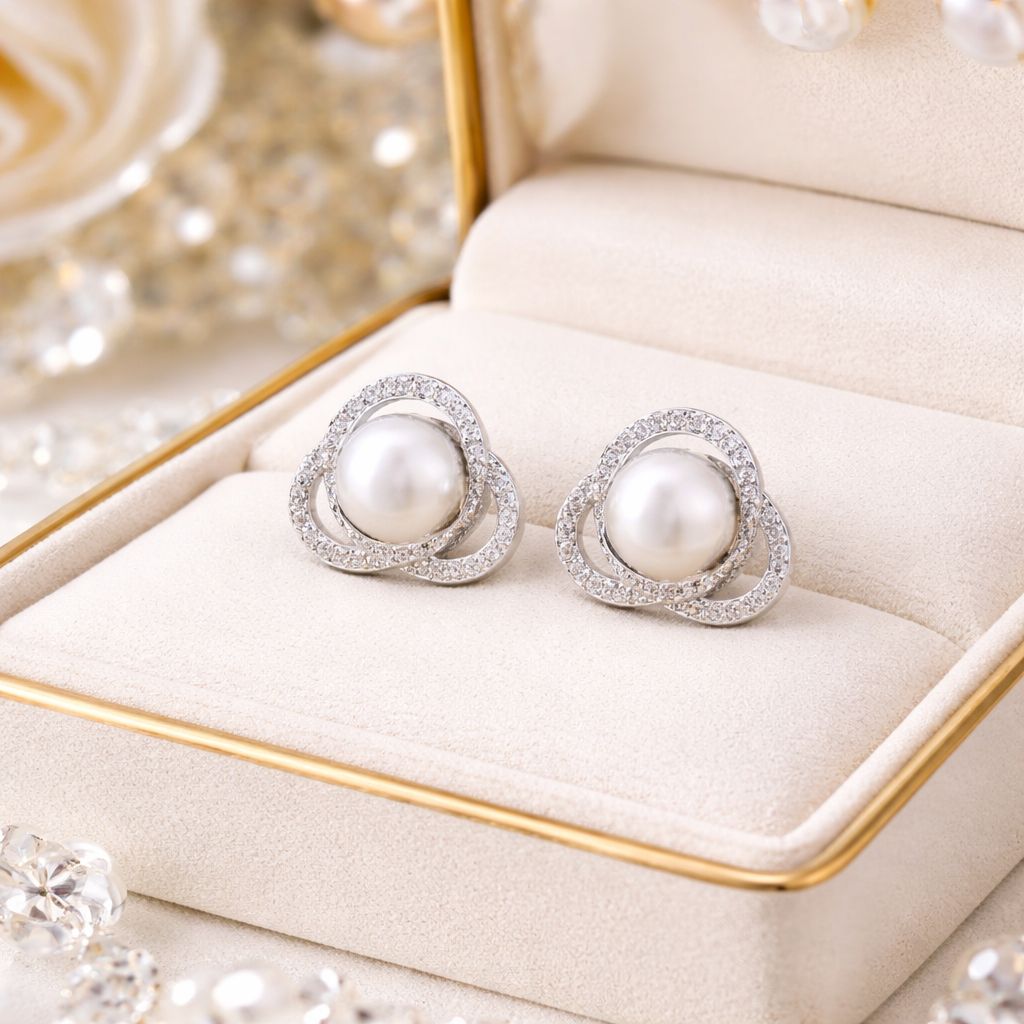 American Diamond Curvy Delna Fresh Water Pearl Studs