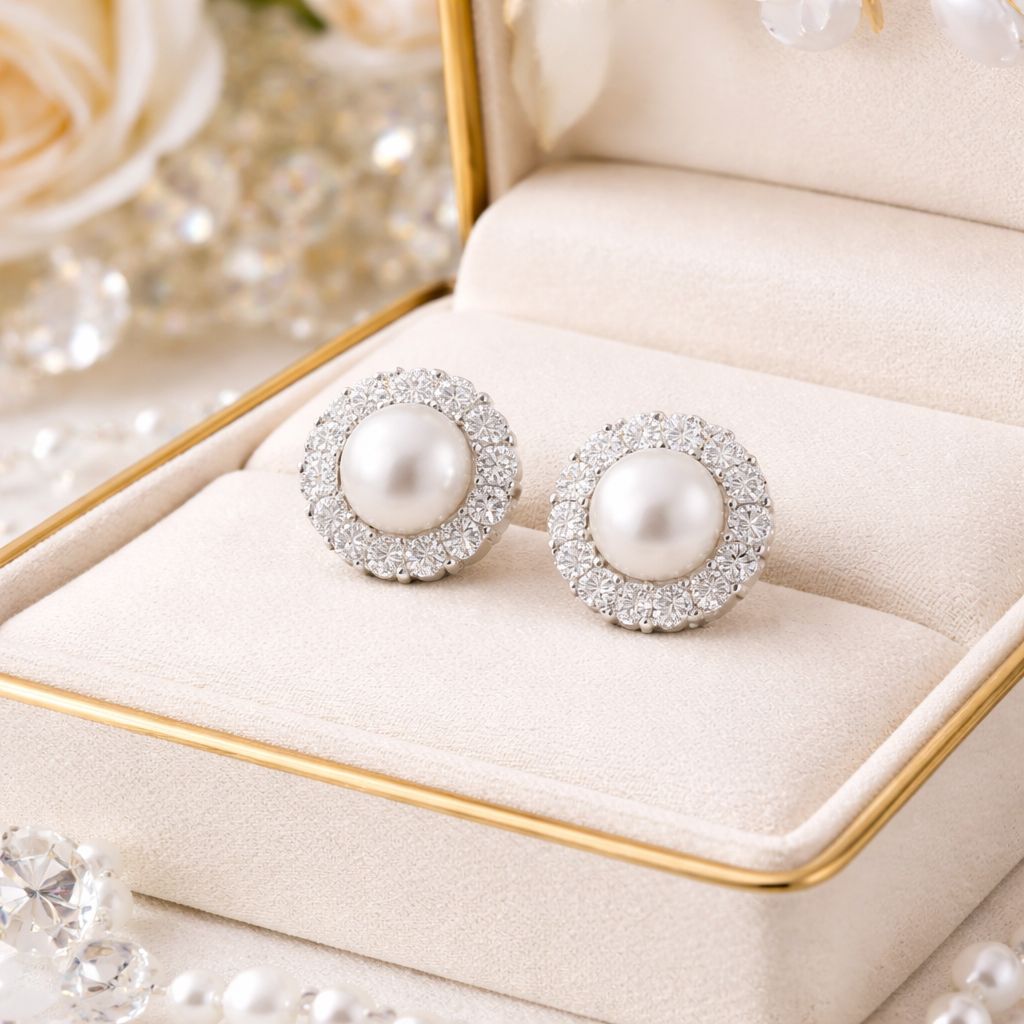 Classic Ellora American Diamond and Fresh Water Pearl Studs