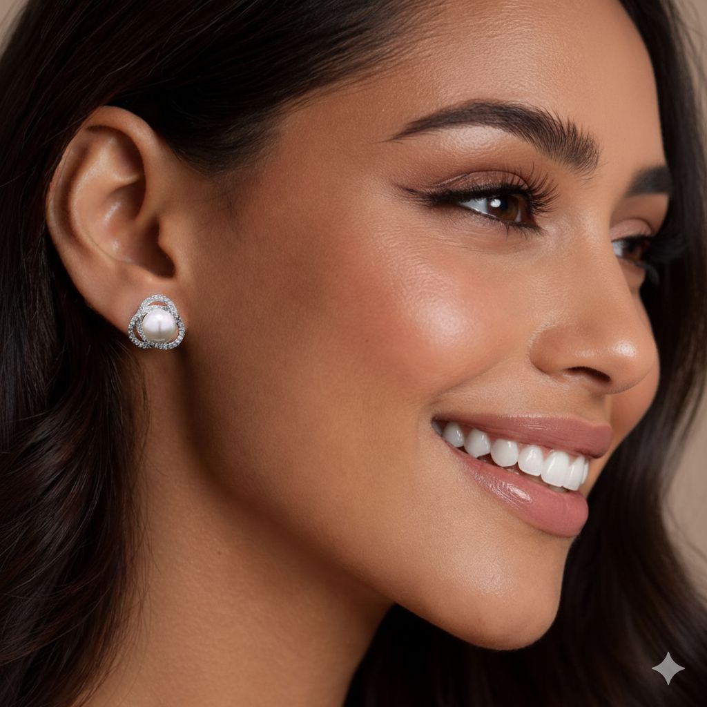 American Diamond Curvy Delna Fresh Water Pearl Studs