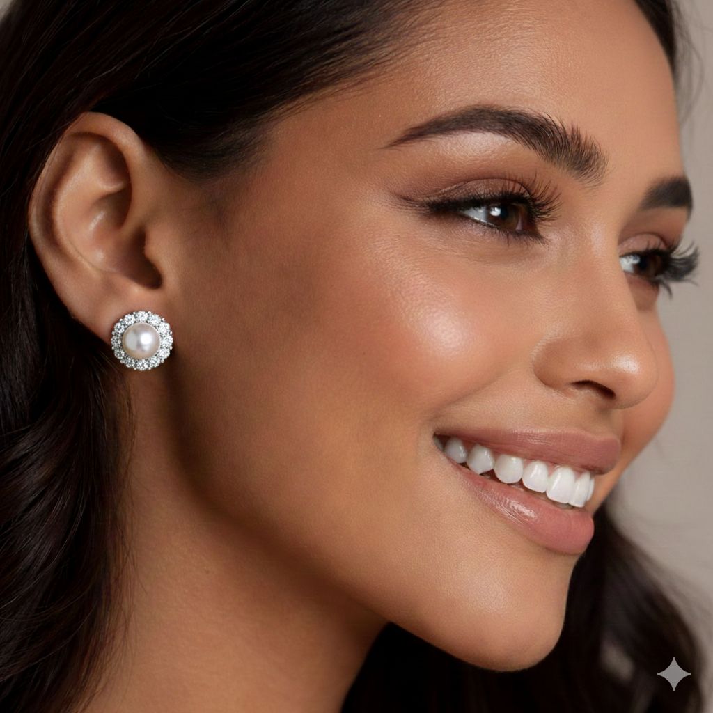 Classic Ellora American Diamond and Fresh Water Pearl Studs