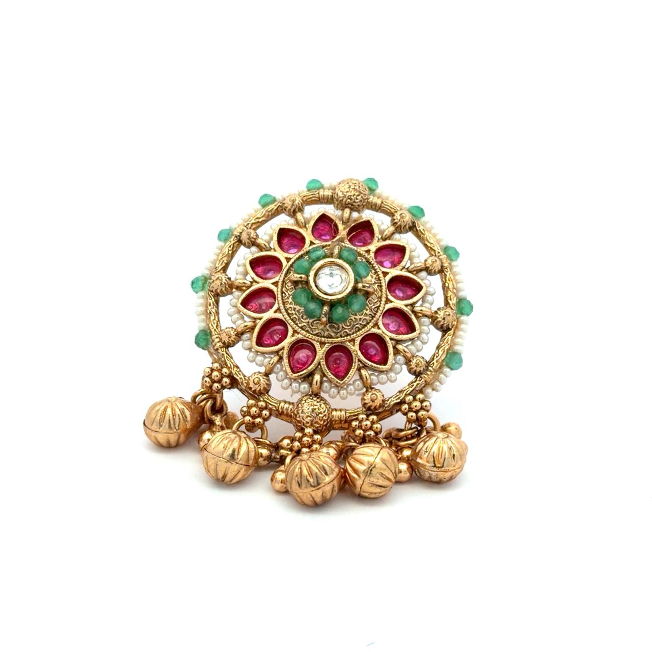 Festive Exclusive Gold Finish Ghungroo Adjustable Ring with Ruby Emerald and Pearl Detailing ( Fits all Sizes )