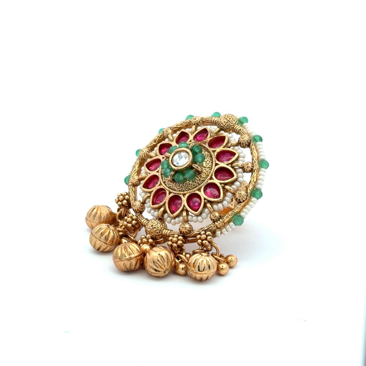 Festive Exclusive Gold Finish Ghungroo Adjustable Ring with Ruby Emerald and Pearl Detailing ( Fits all Sizes )