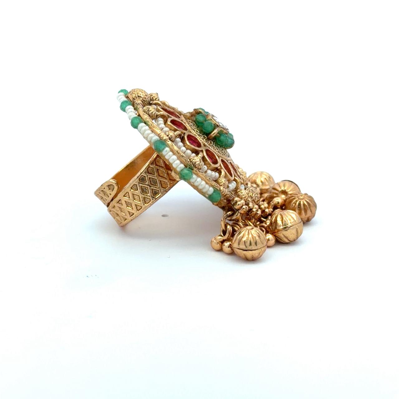 Festive Exclusive Gold Finish Ghungroo Adjustable Ring with Ruby Emerald and Pearl Detailing ( Fits all Sizes )