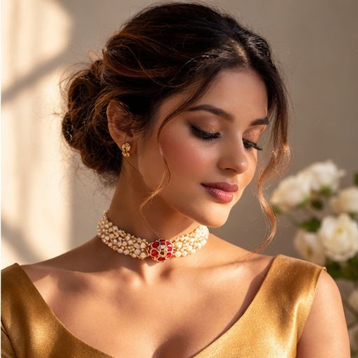 Entangled Pearl String Choker Necklace for Women with Ruby Centre Detailing