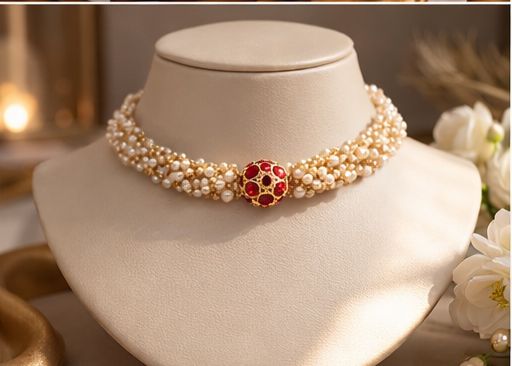 Entangled Pearl String Choker Necklace for Women with Ruby Centre Detailing