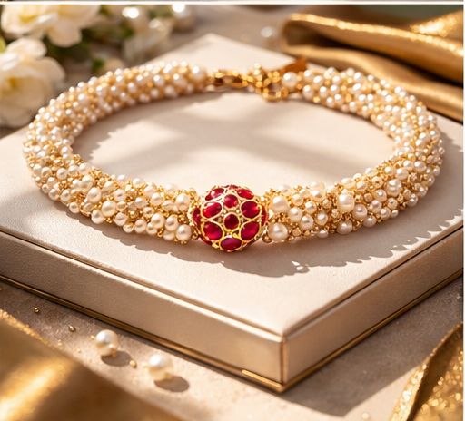 Entangled Pearl String Choker Necklace for Women with Ruby Centre Detailing