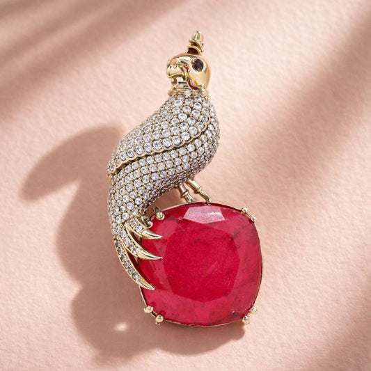 Antique Gold Finish Diamond and Ruby Royal Bird Unisex Brooch for Men and Women