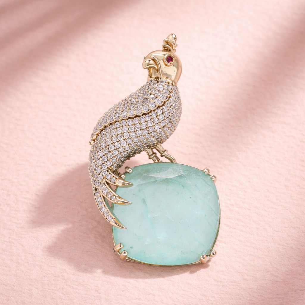 Antique Gold Finish Diamond and Jade Royal Bird Unisex Brooch for Men and Women