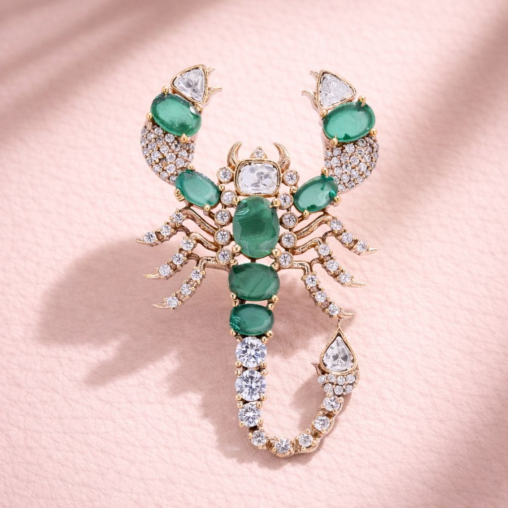 Antique Gold Finish Polki Diamond Unisex Scorpion Brooch with Hydro Emeralds