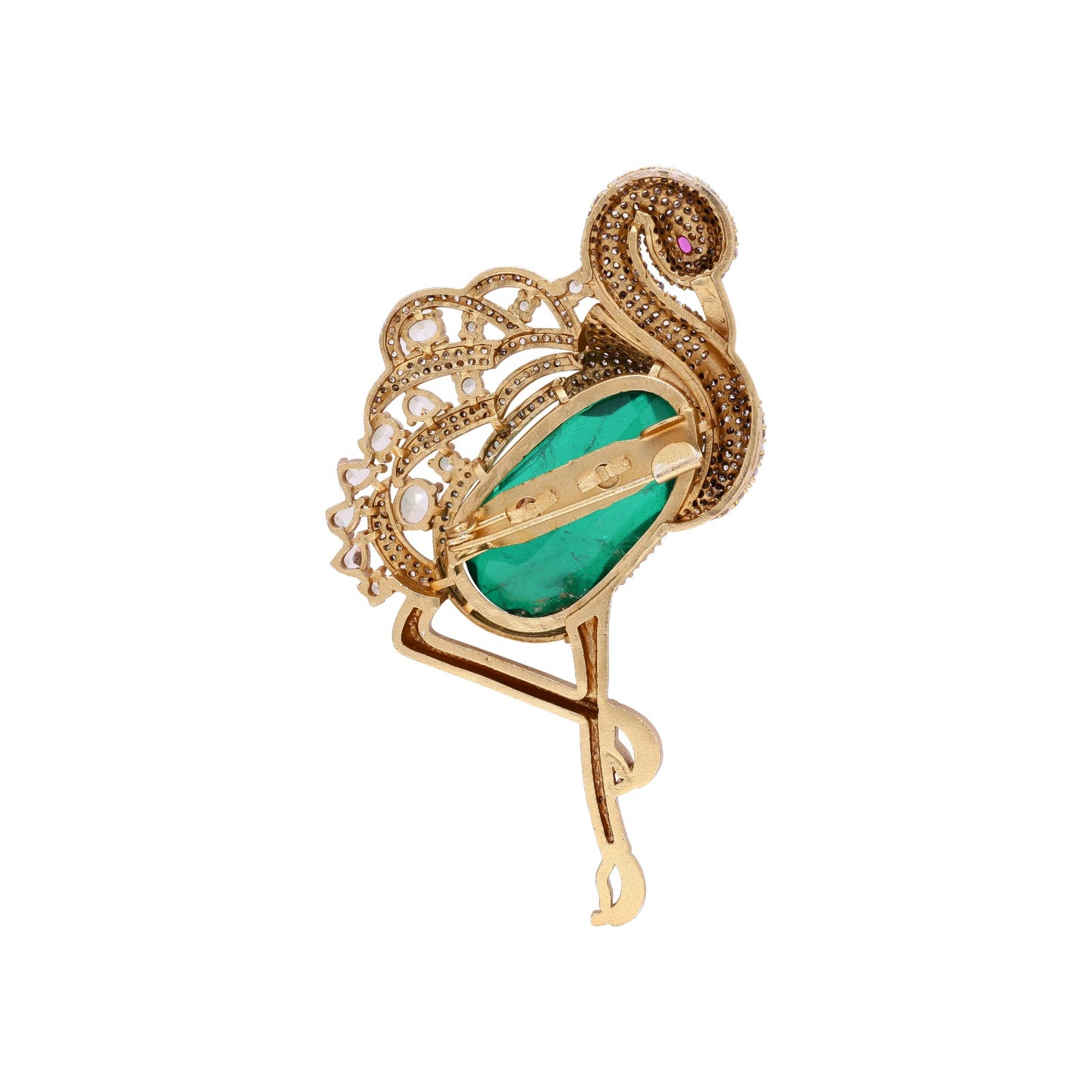 Premium Diamond Studded Unisex Swan Brooch with Hydro Ruby and Emerald