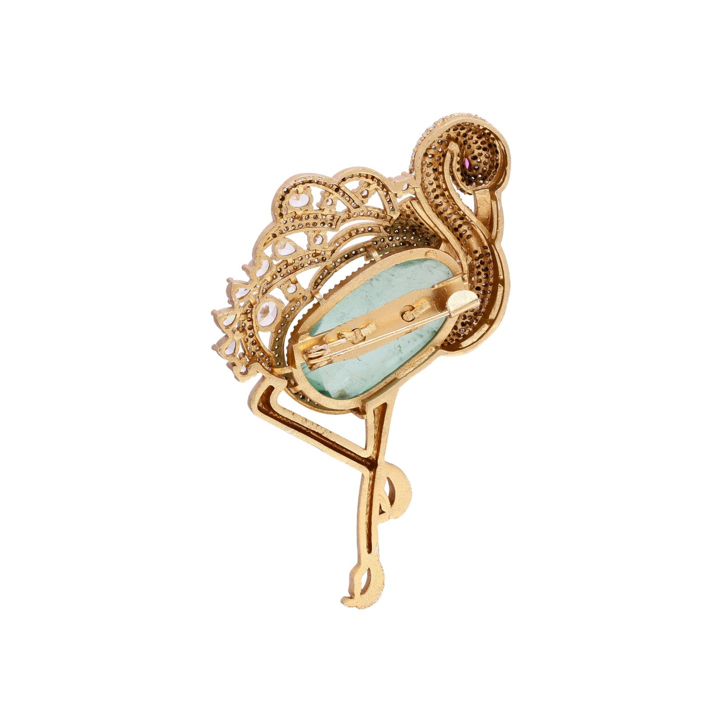 Premium Diamond Studded Unisex Swan Brooch with Hydro Green Jade and Ruby