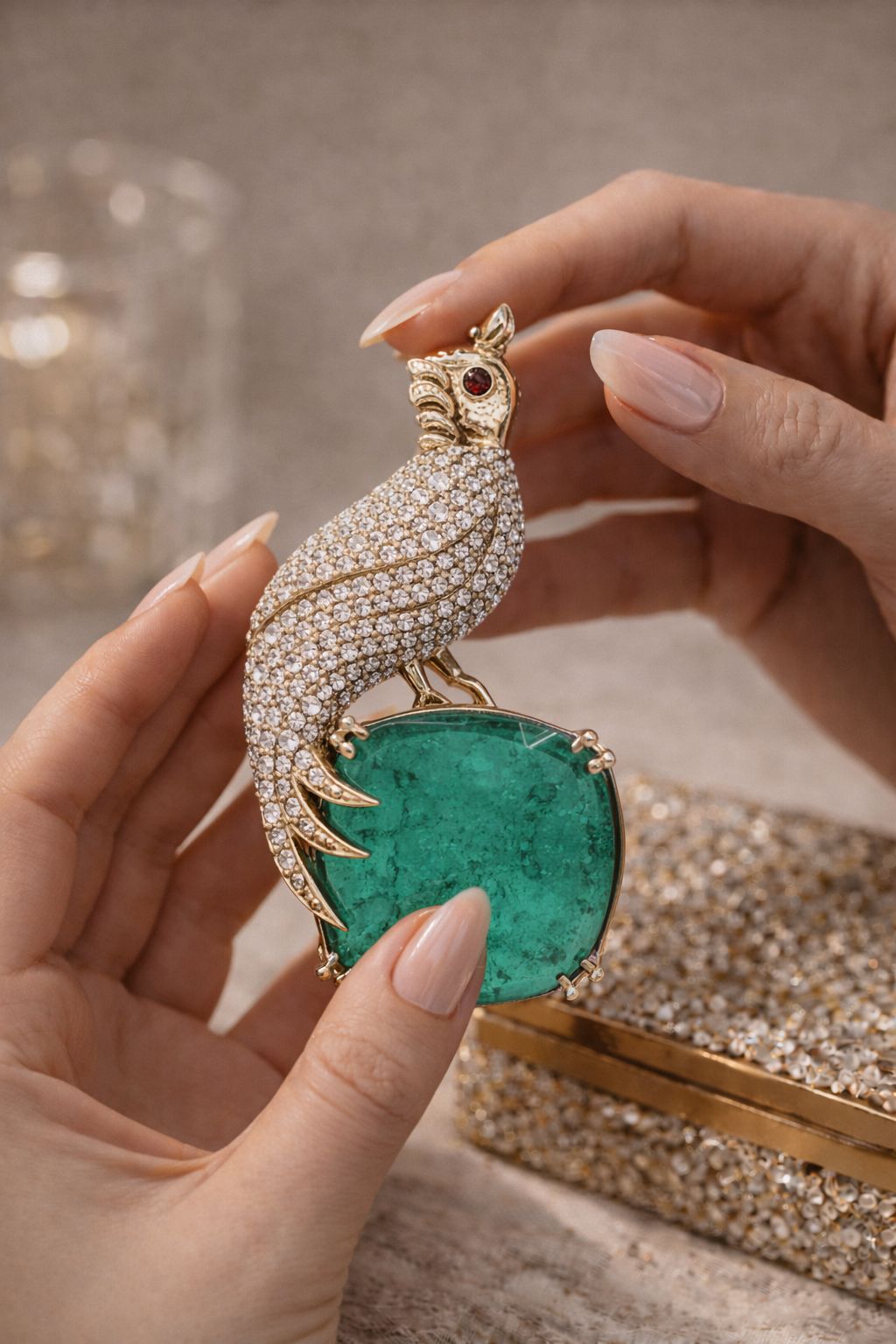 Antique Gold Finish Micro Setting Diamond Unisex Bird Brooch for Men and Women with Emerald Detailing