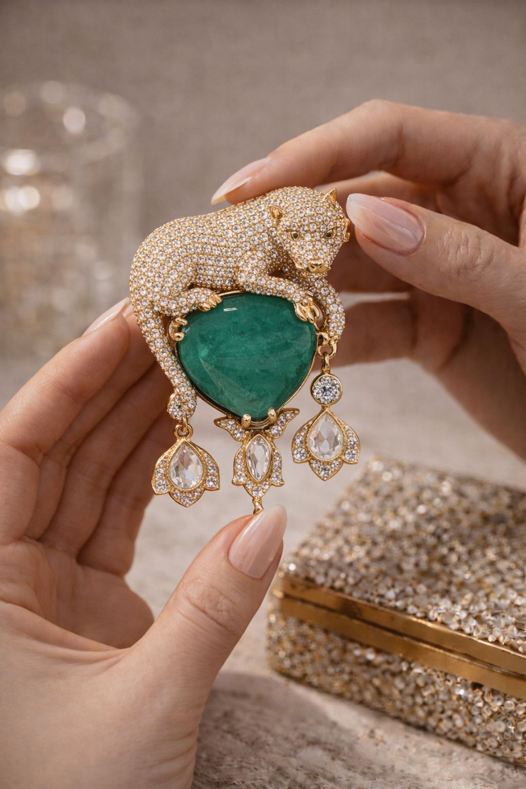 Antique Gold Finish Jaguar Unisex Brooch for Men and Women with Polki and Green Emerald Detailing