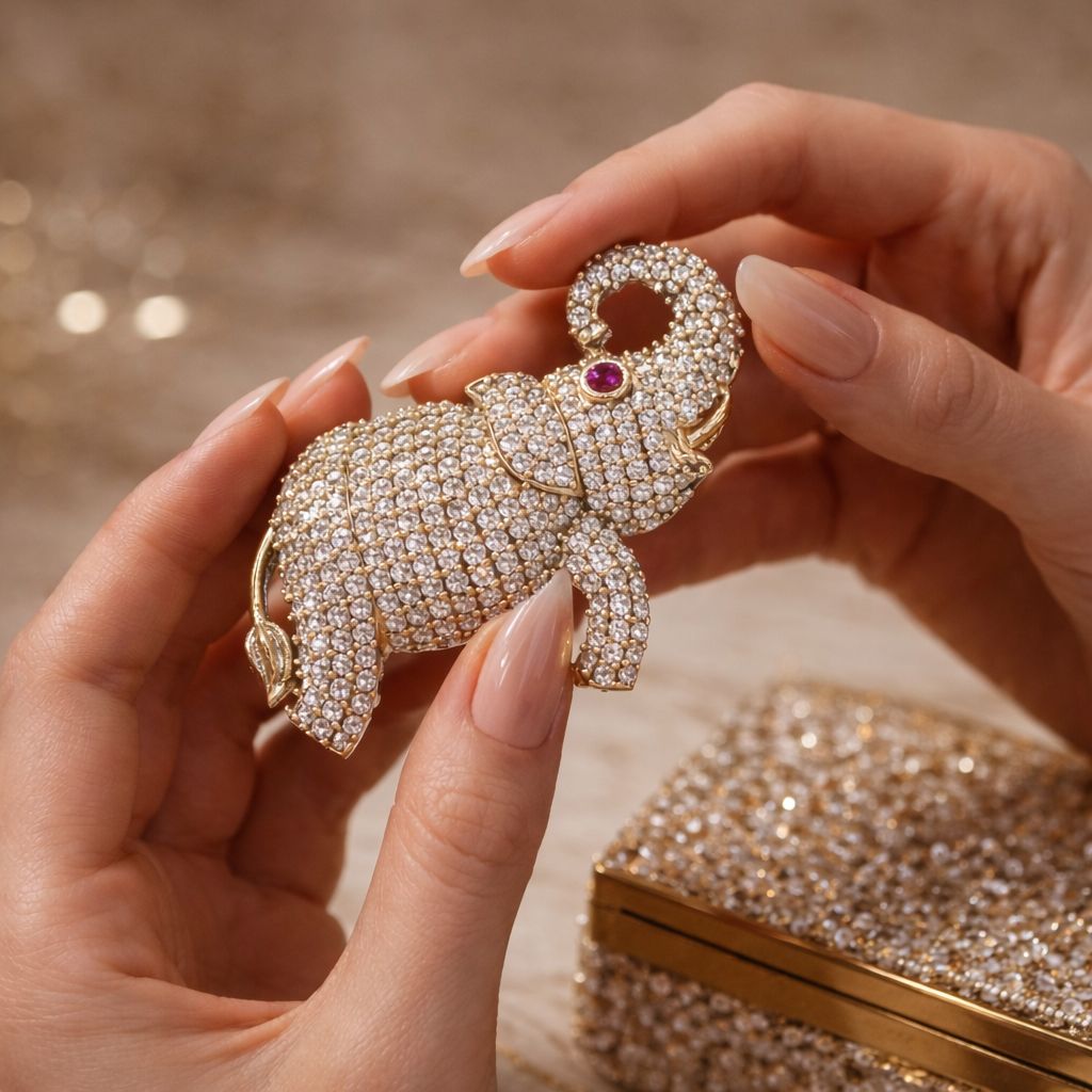 Antique Gold Finish Diamond Studded Shubh Elephant Unisex Brooch with Hydro Ruby Detailing