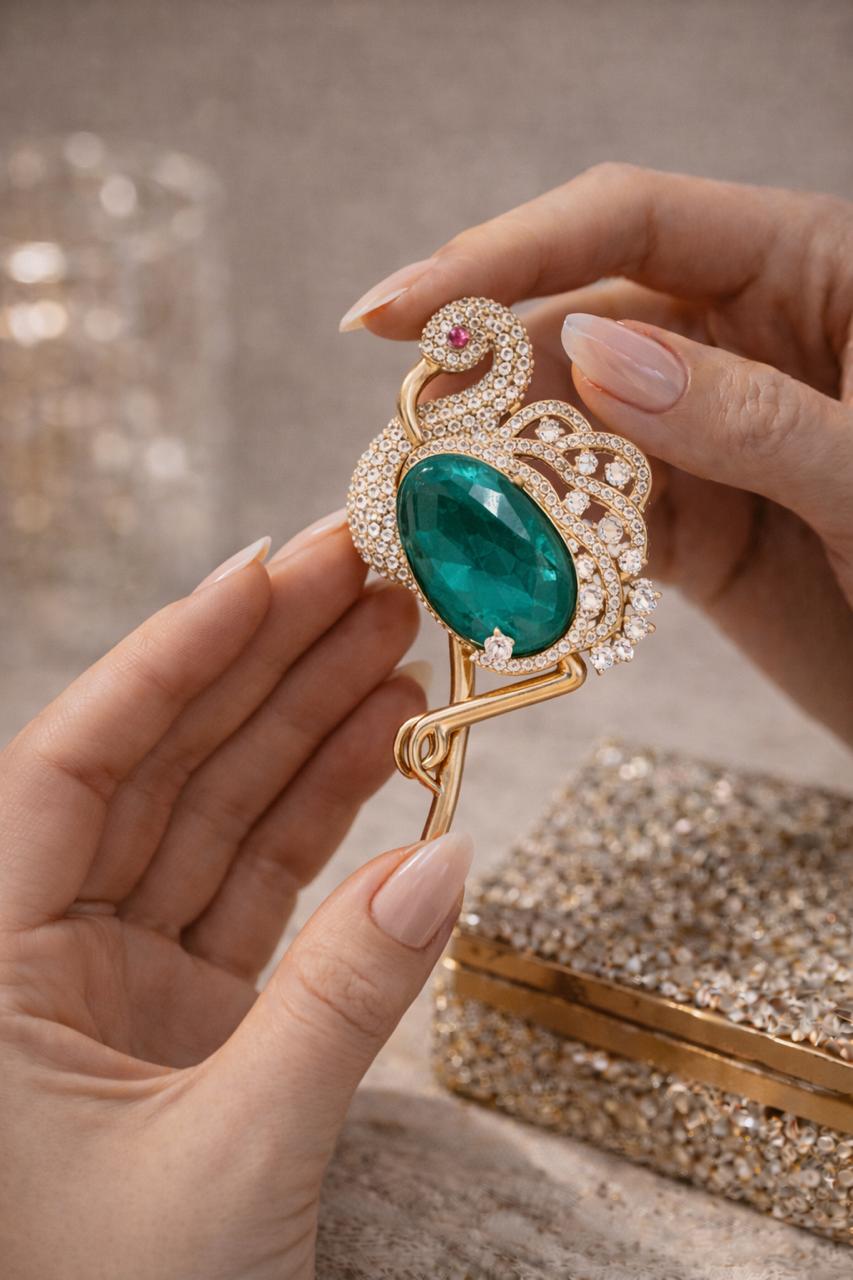 Premium Diamond Studded Unisex Swan Brooch with Hydro Ruby and Emerald