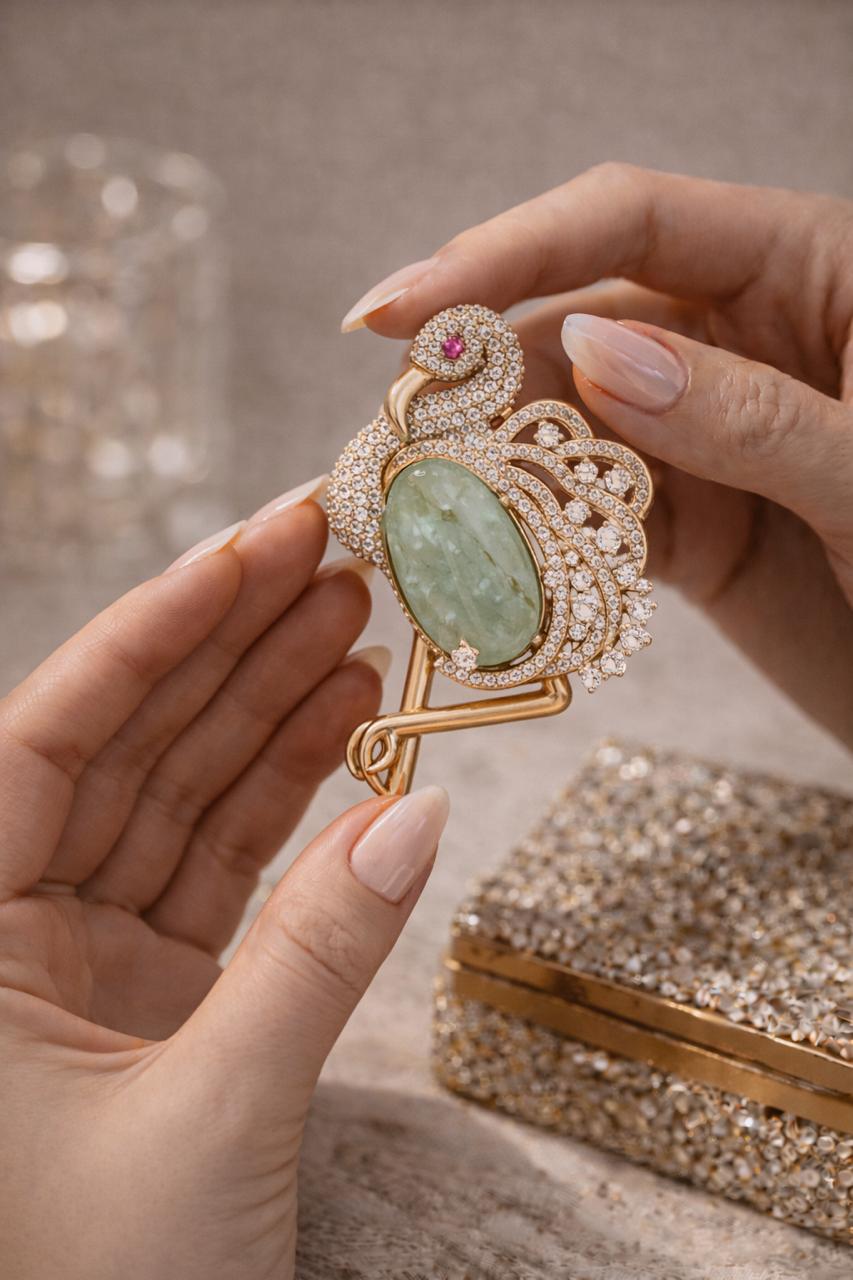 Premium Diamond Studded Unisex Swan Brooch with Hydro Green Jade and Ruby