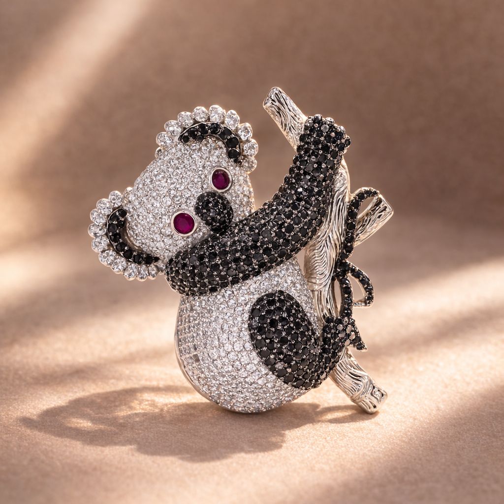 Micro Setting Black  Diamond Studded Koala Bear Unisex Statement Brooch for Men and Women with Ruby Dt