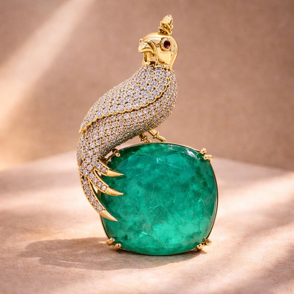 Antique Gold Finish Micro Setting Diamond Unisex Bird Brooch for Men and Women with Emerald Detailing