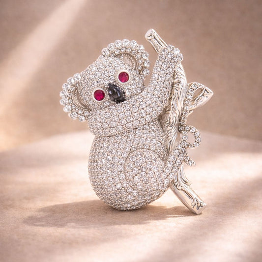 Micro Setting Diamond Studded Koala Bear Unisex Statement Brooch for Men and Women with Ruby Dt