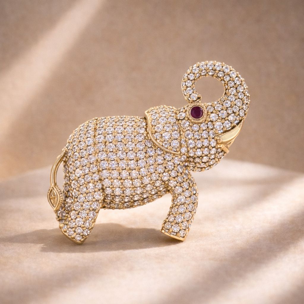 Antique Gold Finish Diamond Studded Shubh Elephant Unisex Brooch with Hydro Ruby Detailing
