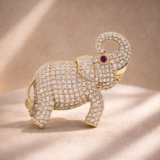 Antique Gold Finish Diamond Studded Shubh Elephant Unisex Brooch with Hydro Ruby Detailing