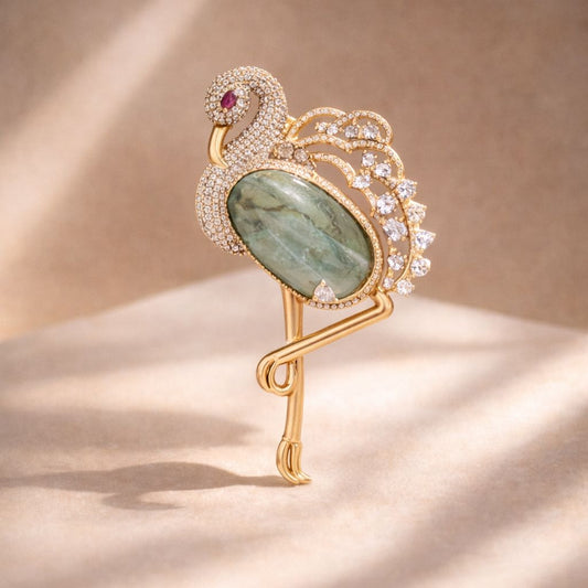 Premium Diamond Studded Unisex Swan Brooch with Hydro Green Jade and Ruby