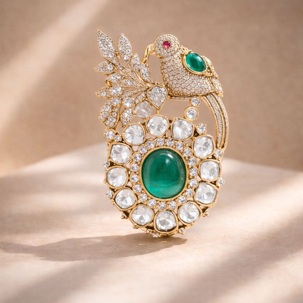 Antique Gold Finish Premium Polki Diamond Unisex Bird Brooch with Hydro Ruby and Emeralds